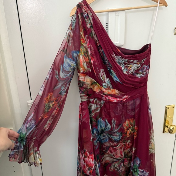 Marchesa Notte One Shoulder Maroon Burgundy Floral Midi dress - Picture 2 of 8